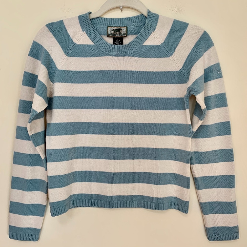 Horny Toad Light Blue Striped Cropped Sweater